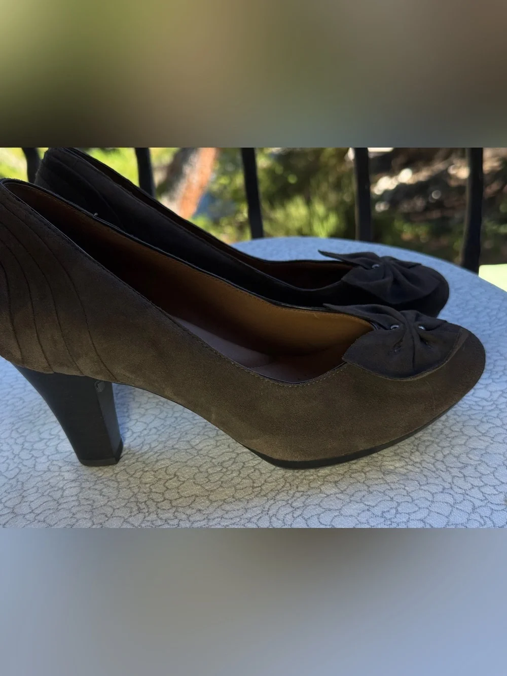 Clark’s pumps heels Brown Suede Mid-Heel cushioning bow bows comfort leather 7